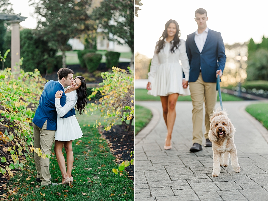 couple walking dog at puppy engagement