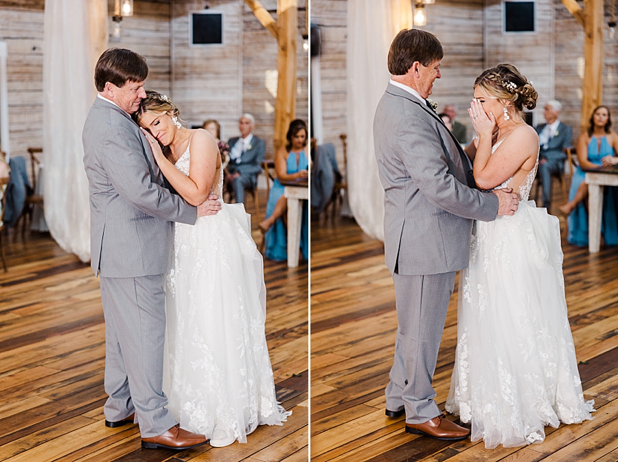 Bride and dad hug while dancing at wedding by Amanda May Photos