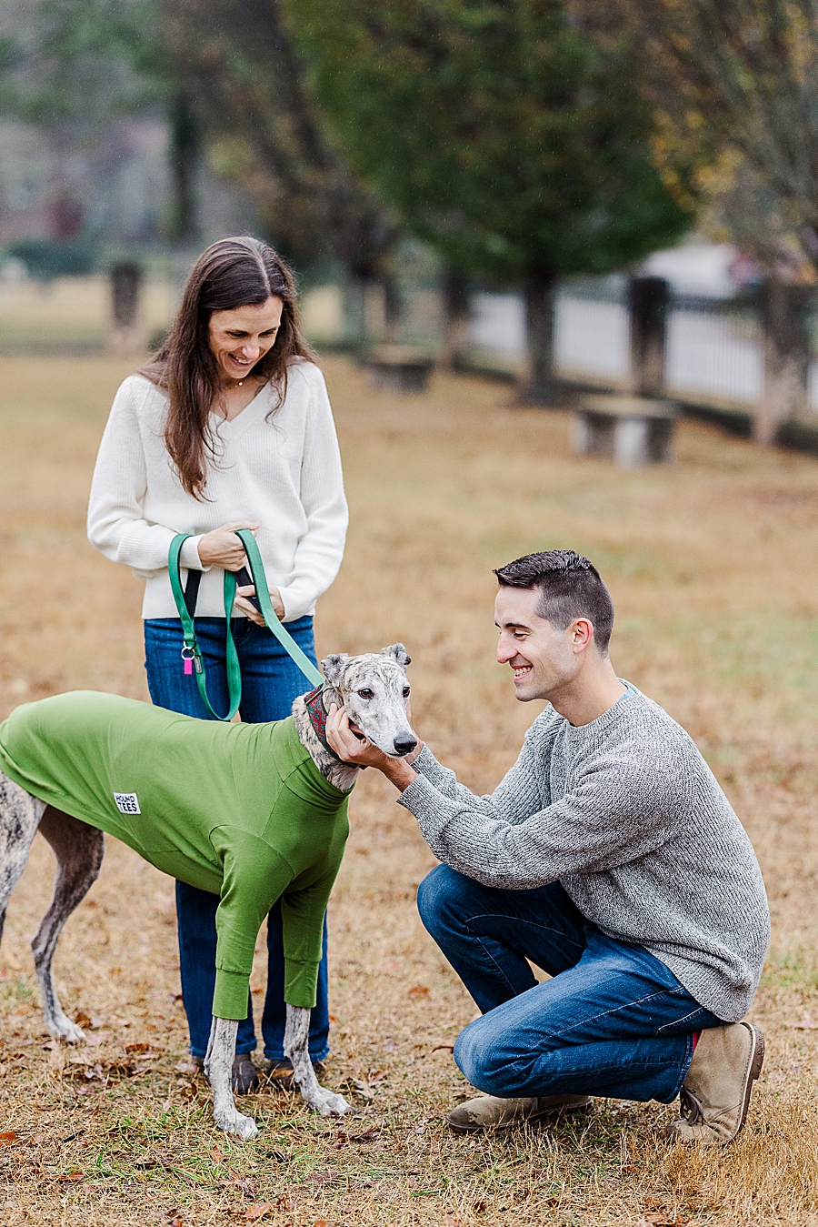 couple with greyhound during sequoyah hills engagement