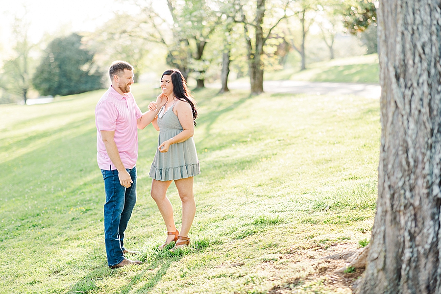 couple in spring outfits at sequoyah hills engagement