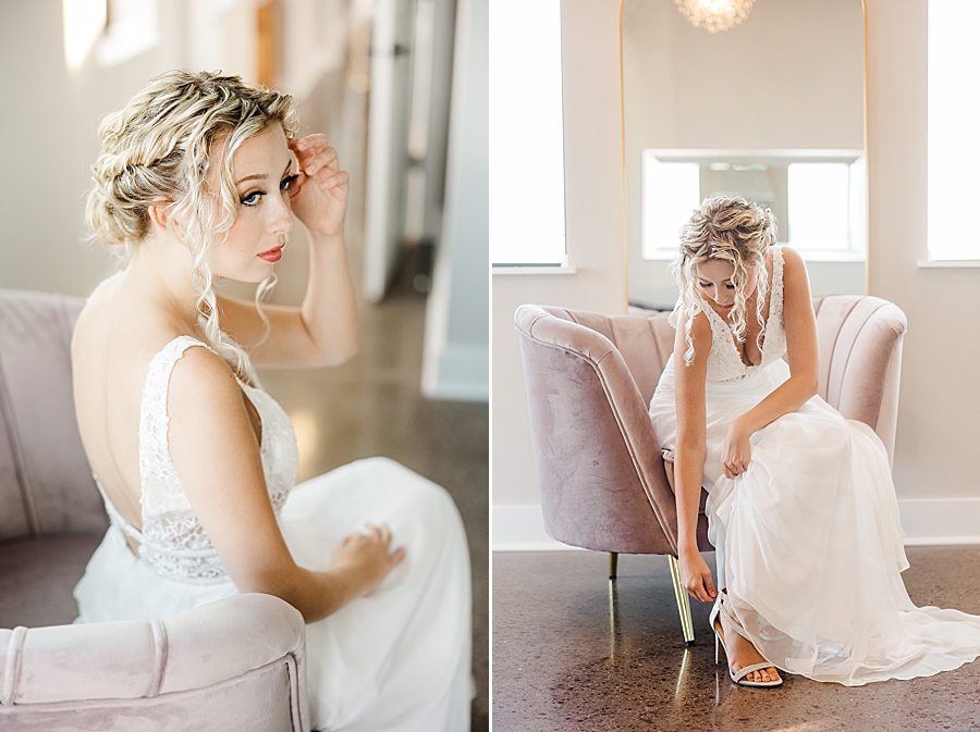 Bride putting on shoe at The Loyston Wedding Venue by Amanda May Photos
