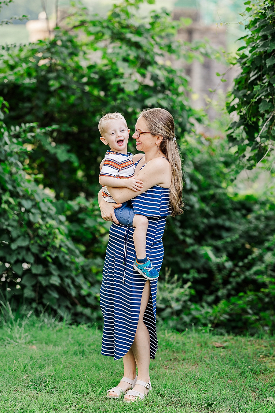mother and son in stripes