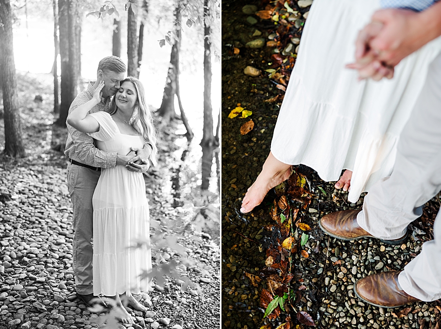 dipping toe in water at sunset engagement session