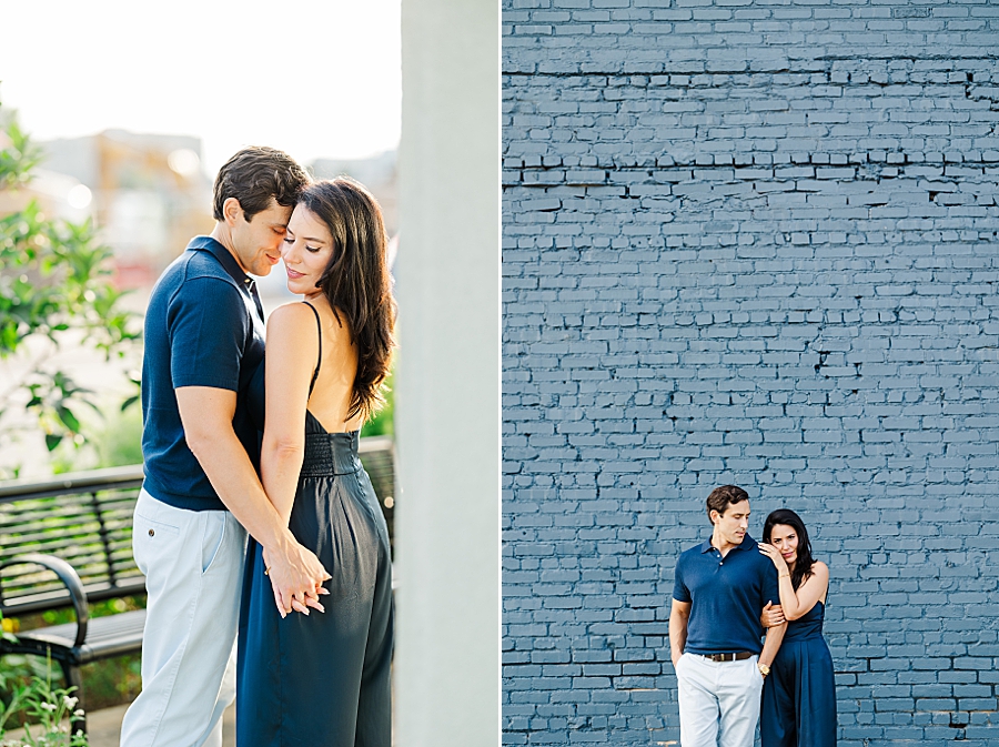 painted blue brick behind couple