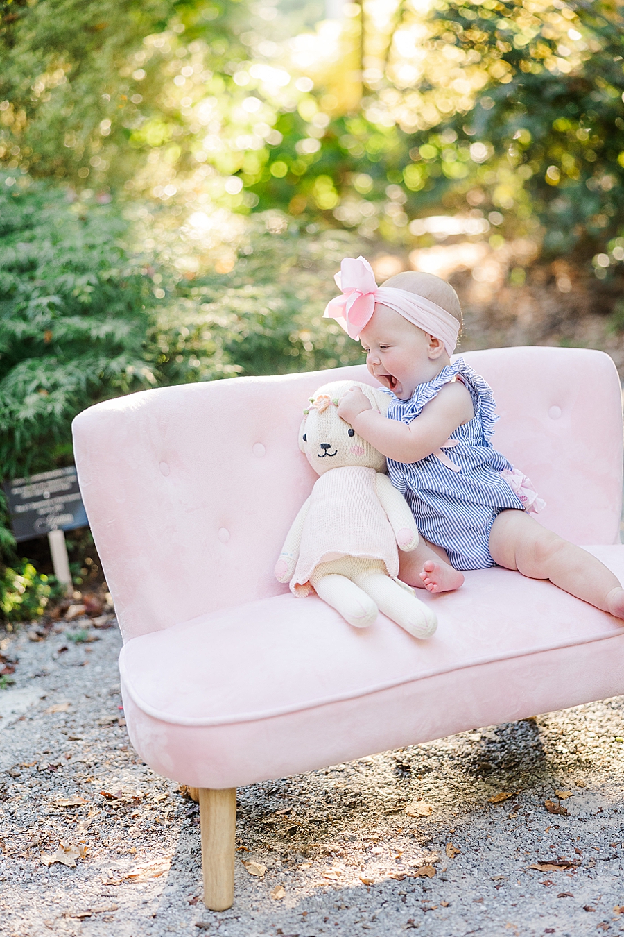 pink couch at ut gardens 6 month