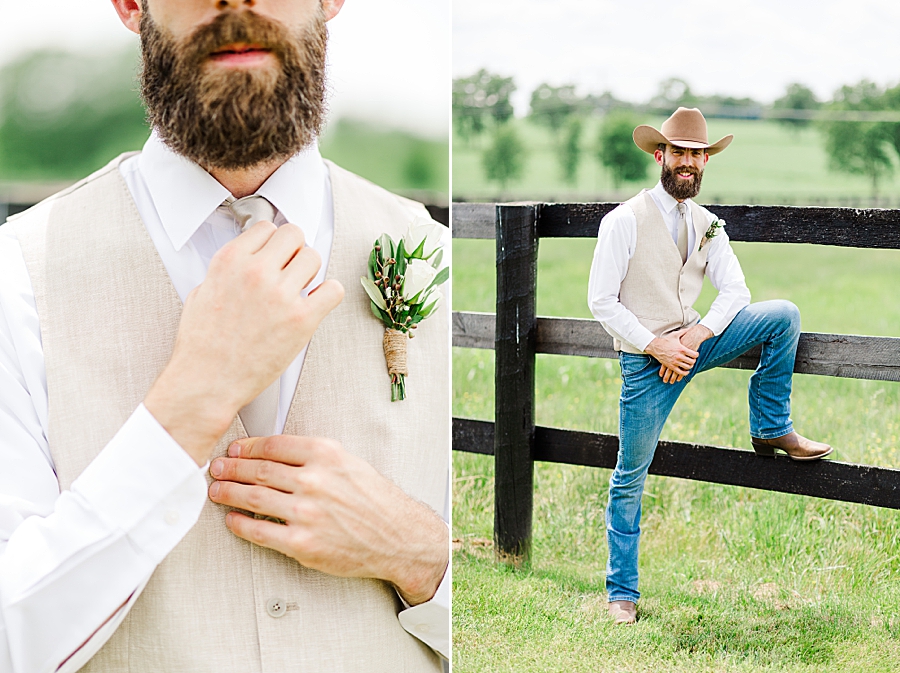 groom leaning against horse fence