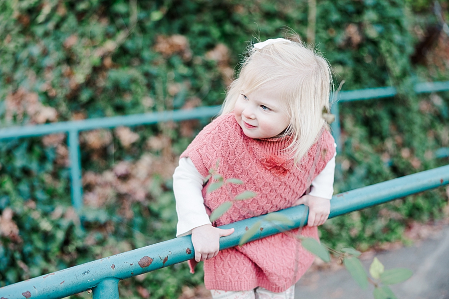 little girl climbing on railing