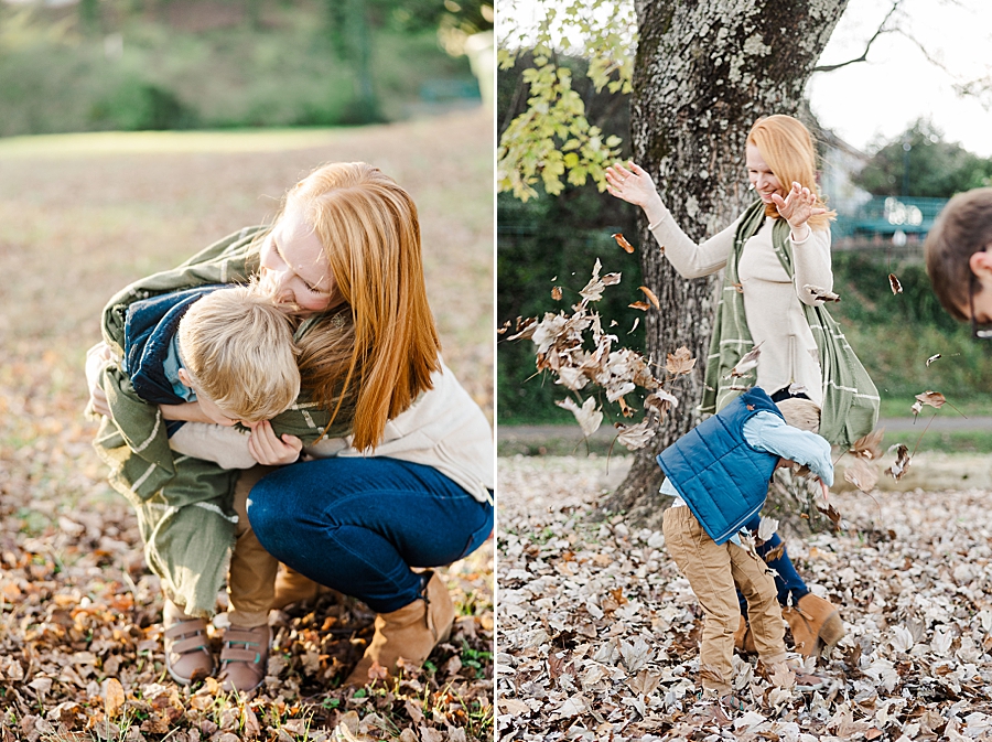 mom and son playing in leaves