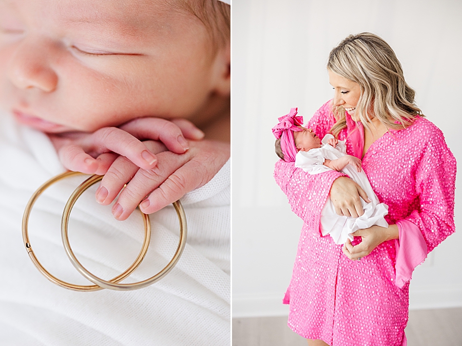 mom and daughter in matching pink at white room newborn session