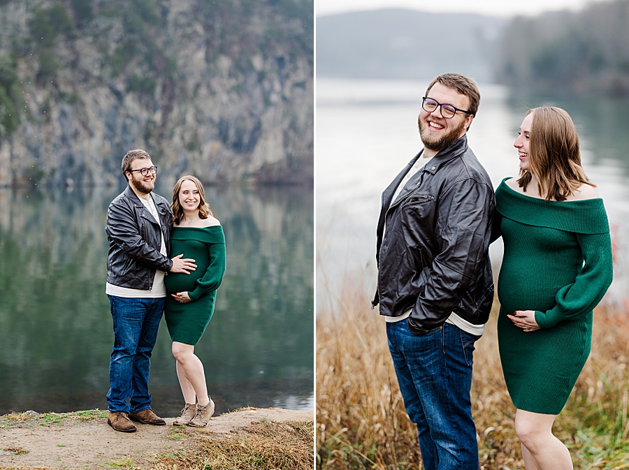 couple by lake at winter maternity