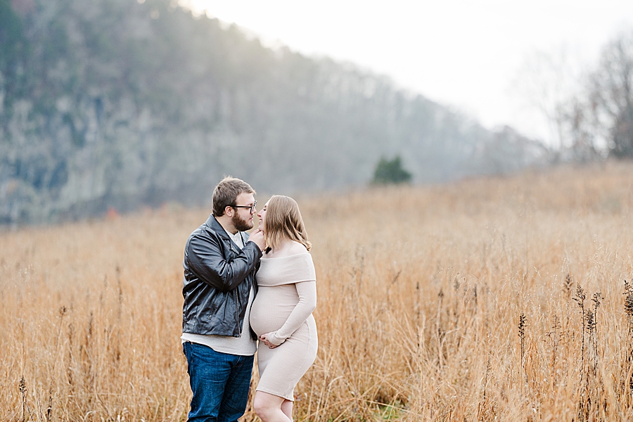 couple kissing in golden meadow