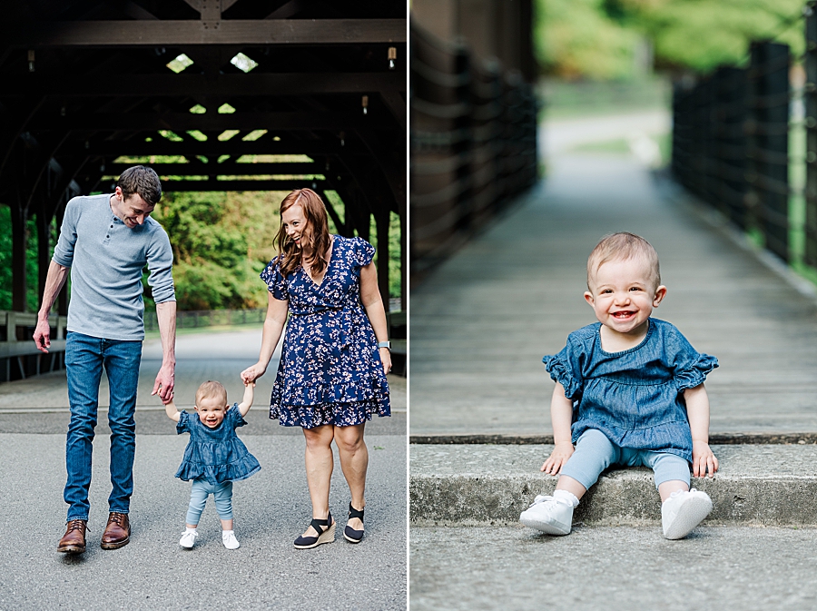 Baby sitting on the bridge smiling at Covered Bridge Family Session by Amanda May Photos 