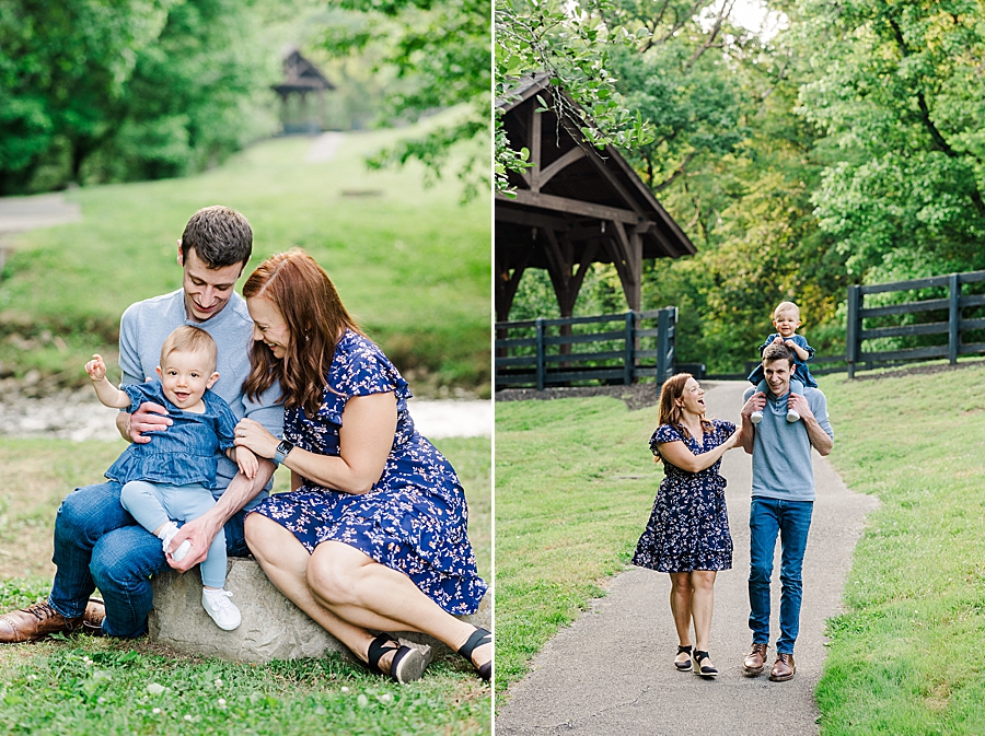 Mom and dad walking with baby on his shoulders at Covered Bridge Family Session by Amanda May Photos 