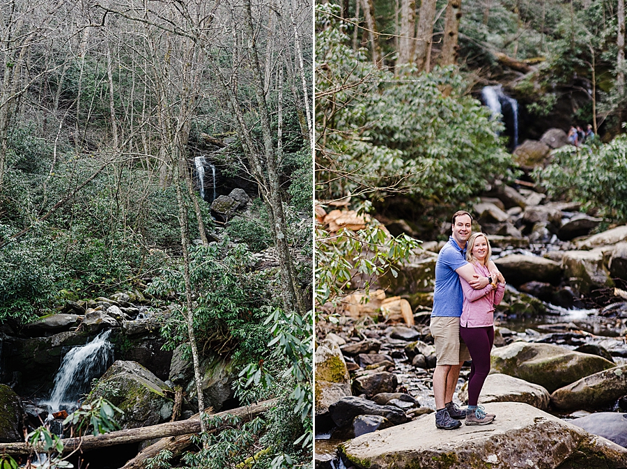 couple standing on boulder at grotto falls proposal