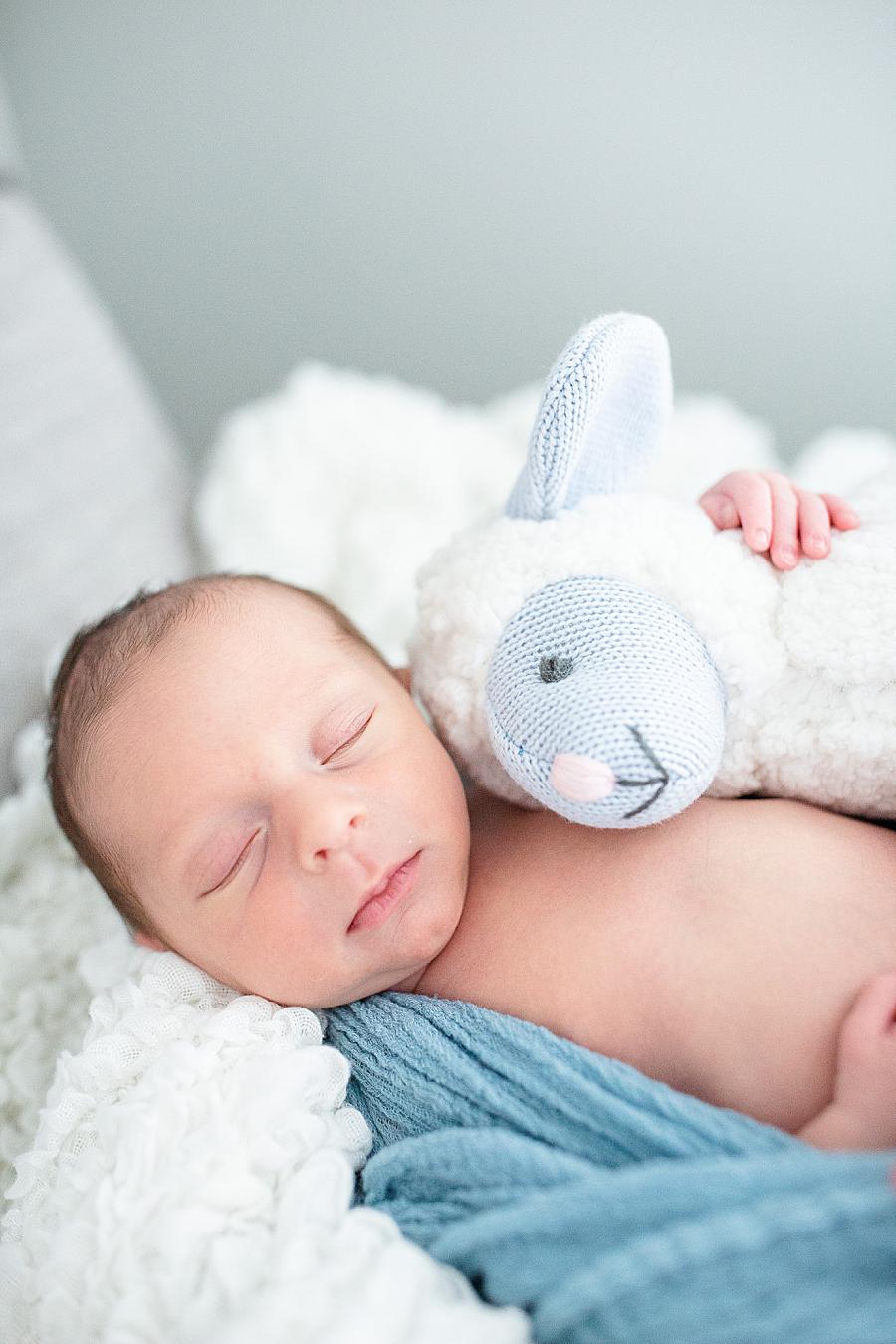 baby holding stuffed lamb