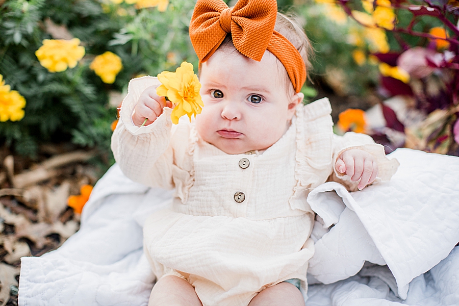 baby holding flower at knox botanical