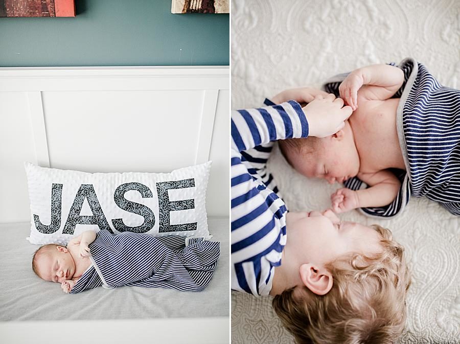 Personalized pillow at this lifestyle newborn session by Knoxville Wedding Photographer, Amanda May Photos.