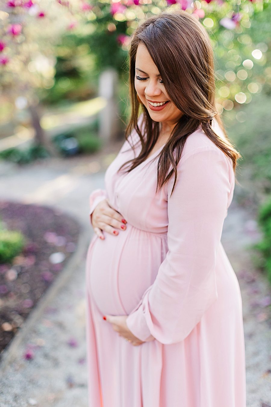 pink maternity dress at ut gardens maternity session